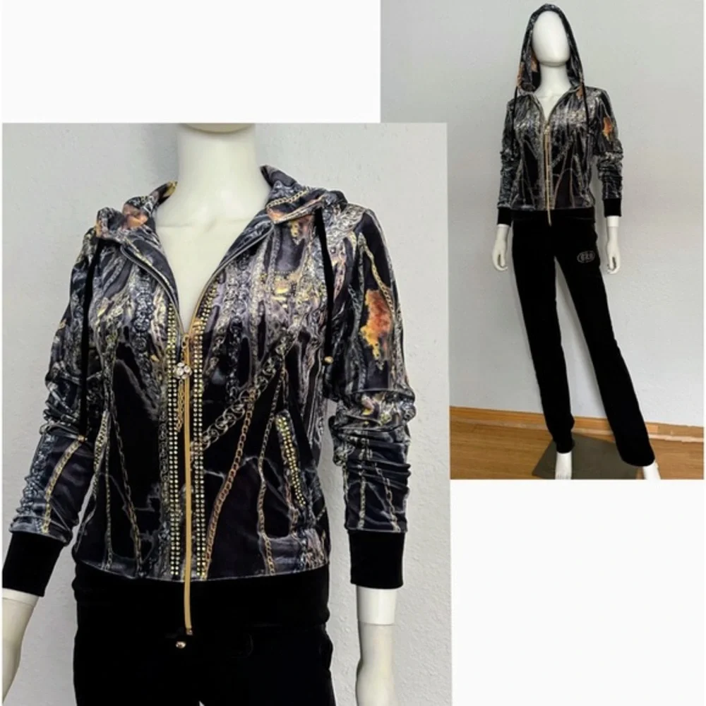 NWT WOMEN VELOUR TRACKSUIT 2 PC SET JACKET/BLACK‎ PANTS HOODED ZIPPED LOUNGEWEAR